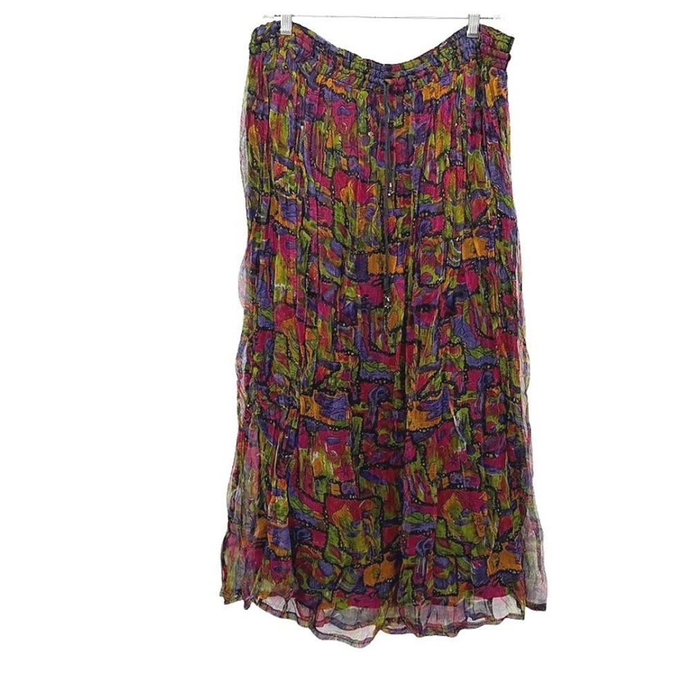 Maxi Skirt Semi-Sheer Abstract Chiffon Layered Boho Hippie Festival Wear Sz LG